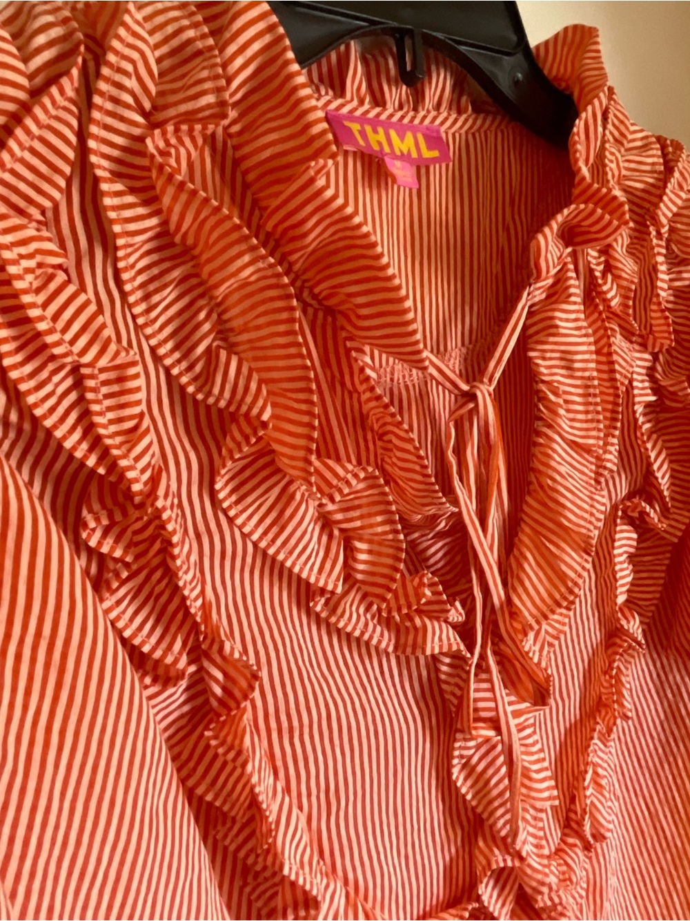 THML Coral and White Striped Ruffle Tie-Front Blouse - Picture 6 of 6